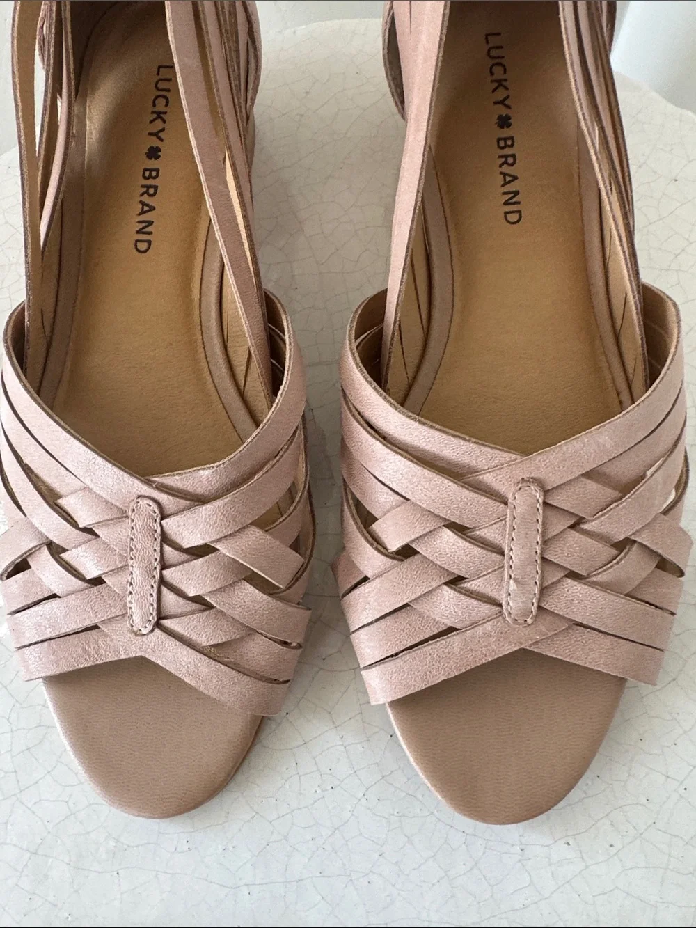 Lucky Brand Blush Pink Leather Woven Block Heel Sandals Open Toe Casual Size 9